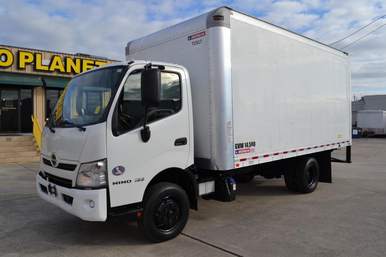 2019 WHITE /GRAY HINO 155 with an JO5E-TP 5.1L 210HP TURBO CHARGED DIESEL engine, AISIN A465 6SPD AUTOMATIC transmission, located at 9172 North Fwy, Houston, TX, 77037, (713) 910-6868, 29.887470, -95.411903 - 14,500LB GVWR, MORGAN 16FT BOX, 10'3FT CLEARANCE, HEIGHT 85" X WIDTH 96", E-TRACKS, POWER WINDOWS, LOCKS, & MIRRORS, EXHAUST BRAKE - Photo#0